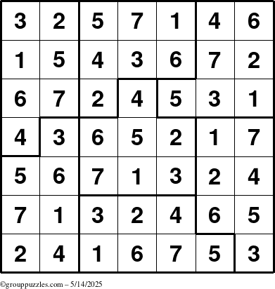 The grouppuzzles.com Answer grid for the Sudoku-7B puzzle for Wednesday May 14, 2025