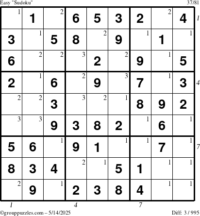 The grouppuzzles.com Easy Sudoku puzzle for Wednesday May 14, 2025 with all 3 steps marked
