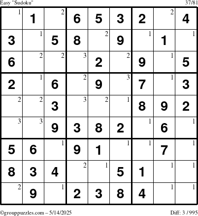 The grouppuzzles.com Easy Sudoku puzzle for Wednesday May 14, 2025 with the first 3 steps marked