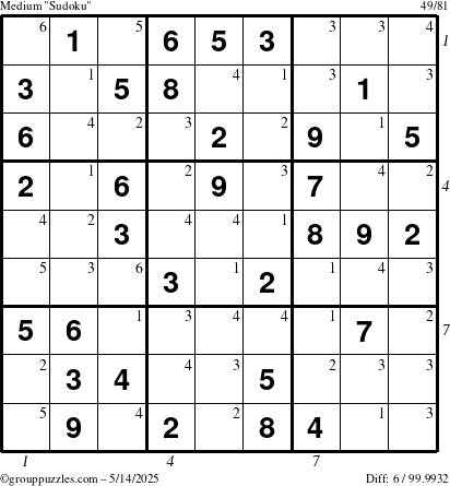 The grouppuzzles.com Medium Sudoku puzzle for Wednesday May 14, 2025 with all 6 steps marked