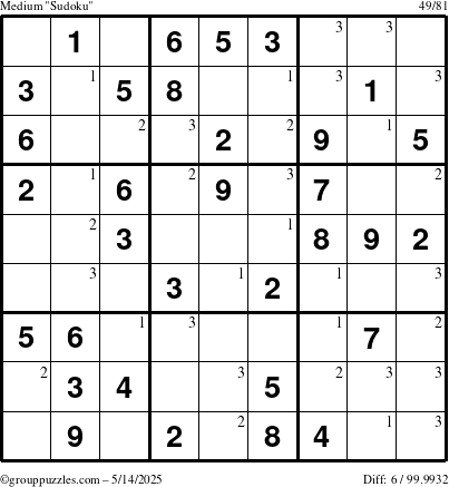 The grouppuzzles.com Medium Sudoku puzzle for Wednesday May 14, 2025 with the first 3 steps marked