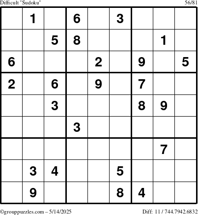 The grouppuzzles.com Difficult Sudoku puzzle for Wednesday May 14, 2025
