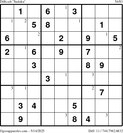 The grouppuzzles.com Difficult Sudoku puzzle for Wednesday May 14, 2025 with the first 3 steps marked