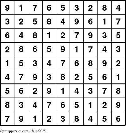 The grouppuzzles.com Answer grid for the Sudoku puzzle for Wednesday May 14, 2025