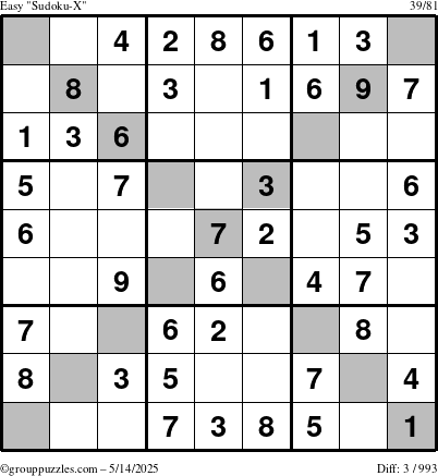The grouppuzzles.com Easy Sudoku-X puzzle for Wednesday May 14, 2025