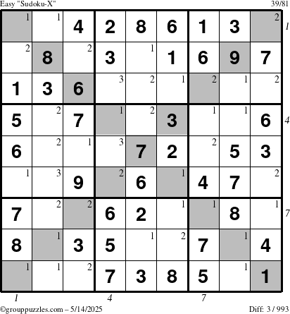 The grouppuzzles.com Easy Sudoku-X puzzle for Wednesday May 14, 2025 with all 3 steps marked