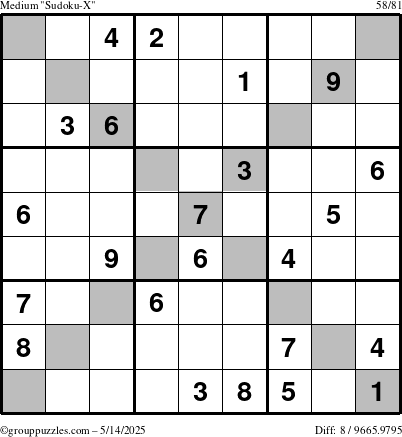 The grouppuzzles.com Medium Sudoku-X puzzle for Wednesday May 14, 2025