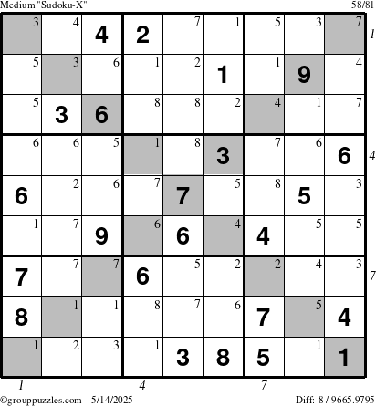 The grouppuzzles.com Medium Sudoku-X puzzle for Wednesday May 14, 2025 with all 8 steps marked