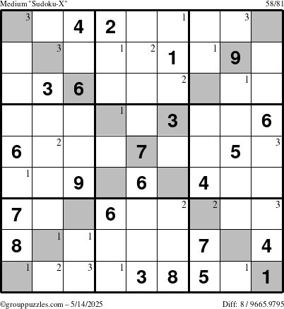 The grouppuzzles.com Medium Sudoku-X puzzle for Wednesday May 14, 2025 with the first 3 steps marked