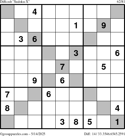 The grouppuzzles.com Difficult Sudoku-X puzzle for Wednesday May 14, 2025