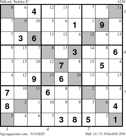 The grouppuzzles.com Difficult Sudoku-X puzzle for Wednesday May 14, 2025 with all 14 steps marked