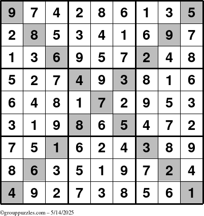 The grouppuzzles.com Answer grid for the Sudoku-X puzzle for Wednesday May 14, 2025