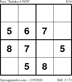 The grouppuzzles.com Easy Sudoku-4-5678 puzzle for Monday December 9, 2024