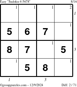 The grouppuzzles.com Easy Sudoku-4-5678 puzzle for Monday December 9, 2024 with all 2 steps marked