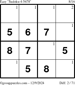 The grouppuzzles.com Easy Sudoku-4-5678 puzzle for Monday December 9, 2024 with the first 2 steps marked