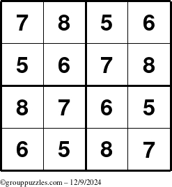 The grouppuzzles.com Answer grid for the Sudoku-4-5678 puzzle for Monday December 9, 2024