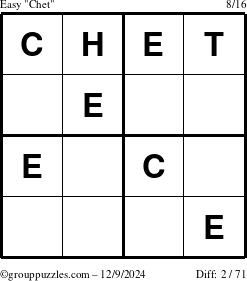 The grouppuzzles.com Easy Chet puzzle for Monday December 9, 2024