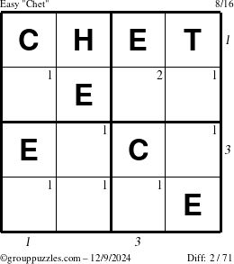 The grouppuzzles.com Easy Chet puzzle for Monday December 9, 2024 with all 2 steps marked