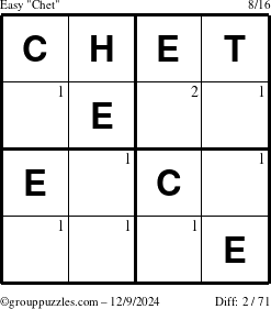 The grouppuzzles.com Easy Chet puzzle for Monday December 9, 2024 with the first 2 steps marked