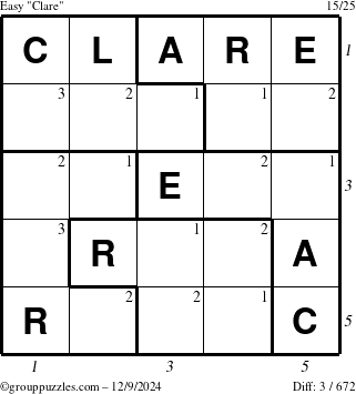 The grouppuzzles.com Easy Clare puzzle for Monday December 9, 2024, suitable for printing, with all 3 steps marked