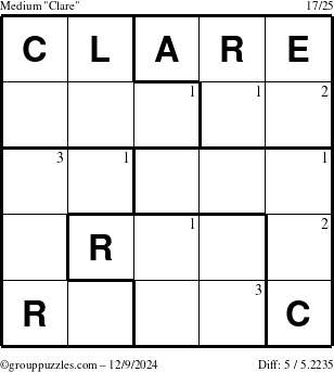 The grouppuzzles.com Medium Clare puzzle for Monday December 9, 2024 with the first 3 steps marked