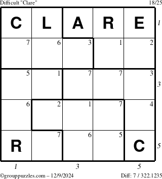 The grouppuzzles.com Difficult Clare puzzle for Monday December 9, 2024 with all 7 steps marked