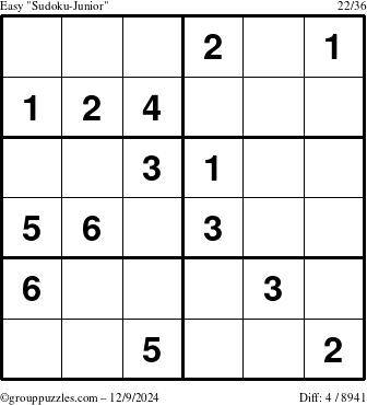 The grouppuzzles.com Easy Sudoku-Junior puzzle for Monday December 9, 2024