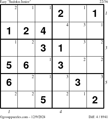 The grouppuzzles.com Easy Sudoku-Junior puzzle for Monday December 9, 2024 with all 4 steps marked