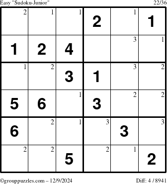 The grouppuzzles.com Easy Sudoku-Junior puzzle for Monday December 9, 2024 with the first 3 steps marked