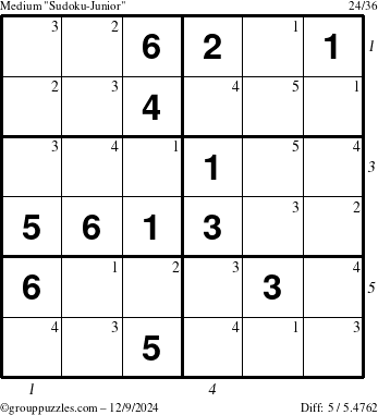 The grouppuzzles.com Medium Sudoku-Junior puzzle for Monday December 9, 2024 with all 5 steps marked