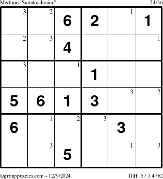 The grouppuzzles.com Medium Sudoku-Junior puzzle for Monday December 9, 2024 with the first 3 steps marked