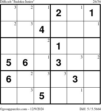 The grouppuzzles.com Difficult Sudoku-Junior puzzle for Monday December 9, 2024 with the first 3 steps marked