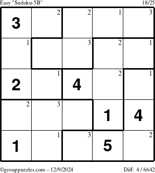 The grouppuzzles.com Easy Sudoku-5B puzzle for Monday December 9, 2024 with the first 3 steps marked