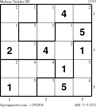 The grouppuzzles.com Medium Sudoku-5B puzzle for Monday December 9, 2024, suitable for printing, with all 5 steps marked