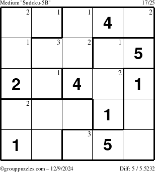 The grouppuzzles.com Medium Sudoku-5B puzzle for Monday December 9, 2024 with the first 3 steps marked