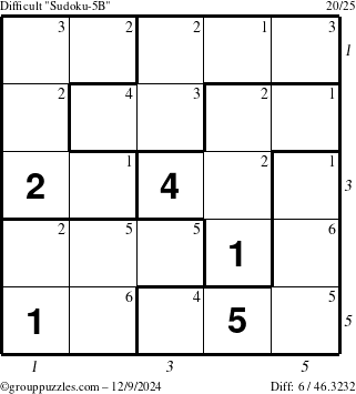 The grouppuzzles.com Difficult Sudoku-5B puzzle for Monday December 9, 2024 with all 6 steps marked