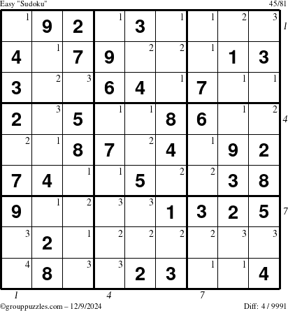 The grouppuzzles.com Easy Sudoku puzzle for Monday December 9, 2024 with all 4 steps marked