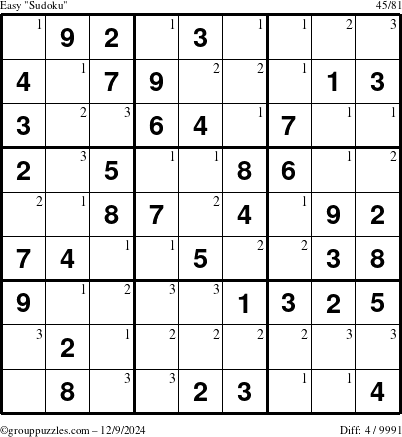 The grouppuzzles.com Easy Sudoku puzzle for Monday December 9, 2024 with the first 3 steps marked