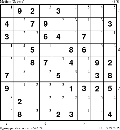 The grouppuzzles.com Medium Sudoku puzzle for Monday December 9, 2024, suitable for printing, with all 5 steps marked