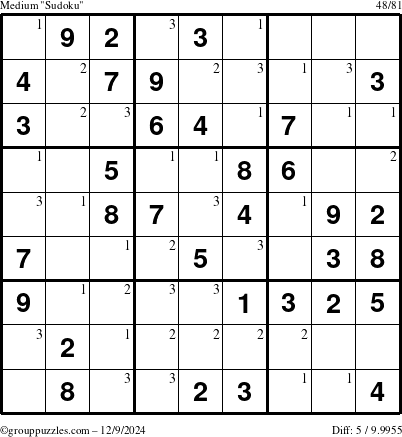 The grouppuzzles.com Medium Sudoku puzzle for Monday December 9, 2024 with the first 3 steps marked