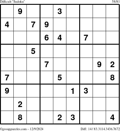 The grouppuzzles.com Difficult Sudoku puzzle for Monday December 9, 2024