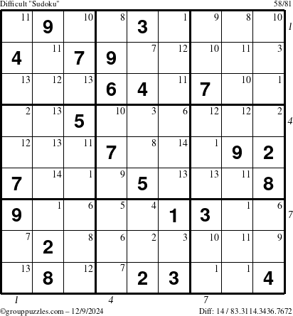 The grouppuzzles.com Difficult Sudoku puzzle for Monday December 9, 2024 with all 14 steps marked