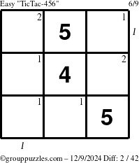 The grouppuzzles.com Easy TicTac-456 puzzle for Monday December 9, 2024 with all 2 steps marked