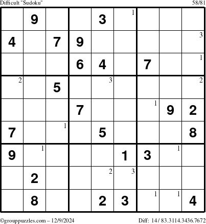 The grouppuzzles.com Difficult Sudoku puzzle for Monday December 9, 2024 with the first 3 steps marked