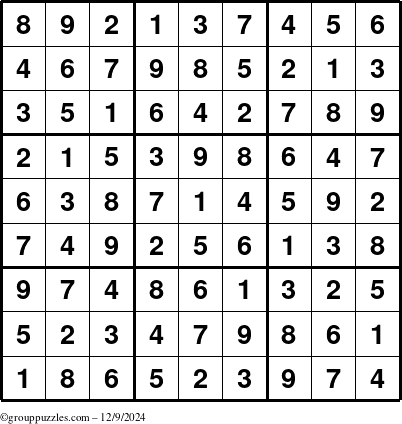 The grouppuzzles.com Answer grid for the Sudoku puzzle for Monday December 9, 2024