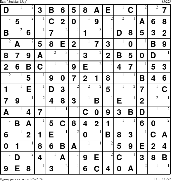 The grouppuzzles.com Easy Sudoku-15up puzzle for Monday December 9, 2024 with the first 3 steps marked