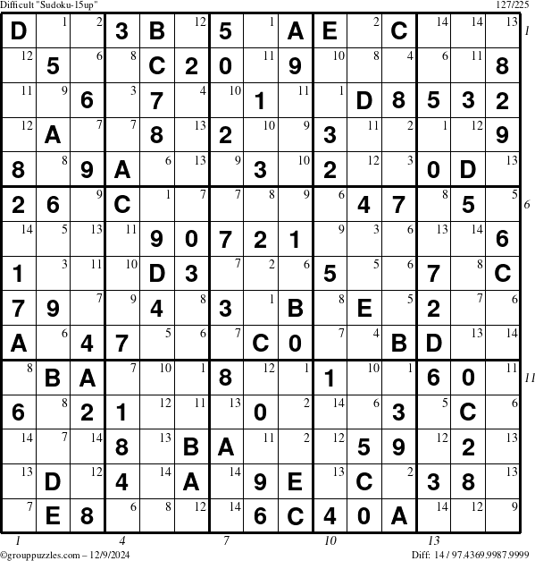 The grouppuzzles.com Difficult Sudoku-15up puzzle for Monday December 9, 2024 with all 14 steps marked