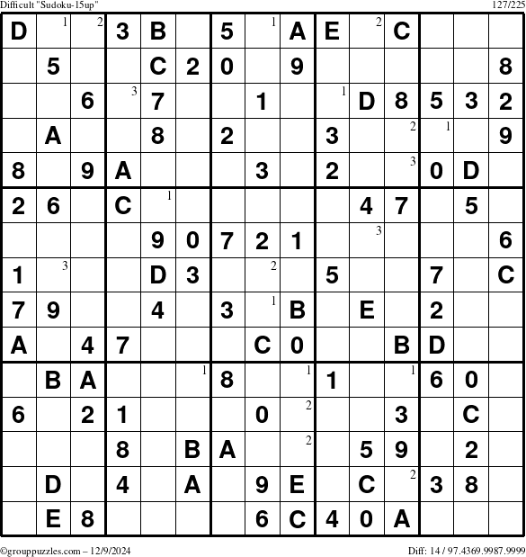 The grouppuzzles.com Difficult Sudoku-15up puzzle for Monday December 9, 2024 with the first 3 steps marked