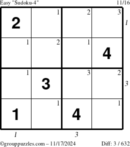 The grouppuzzles.com Easy Sudoku-4 puzzle for Sunday November 17, 2024, suitable for printing, with all 3 steps marked