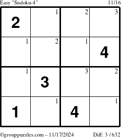 The grouppuzzles.com Easy Sudoku-4 puzzle for Sunday November 17, 2024 with the first 3 steps marked